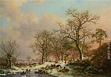 Wood gatherers in a winter landscape with a castle beyond by Frederik Marianus Kruseman